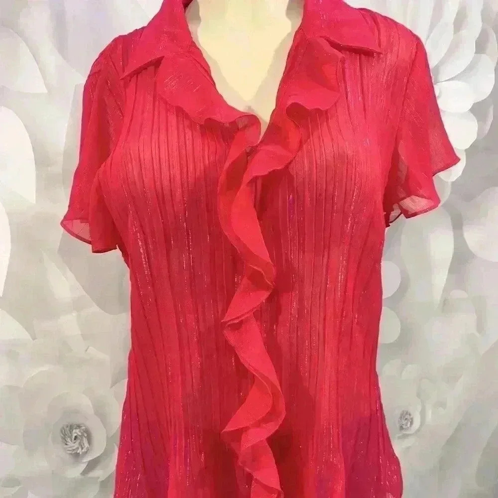 Fashion Bug Womens Sheer‎ Magenta Ruffled Blouse